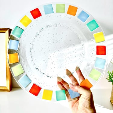 Vintage Fused Art Glass Plate, Textured Glass Color Squares, 80s Studio Art Dish, Rainbow Memphis Modernist Charger 12.5