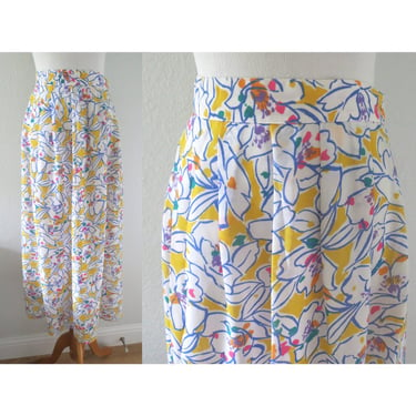 Vintage Midi Skirt Colorful Floral Yellow Rainbow High Waisted Pockets Size Large 