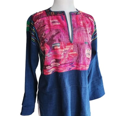 70s Guatemalan Tunic Top Indigo Denim Needlepoint Embroidery Folk Shirt 