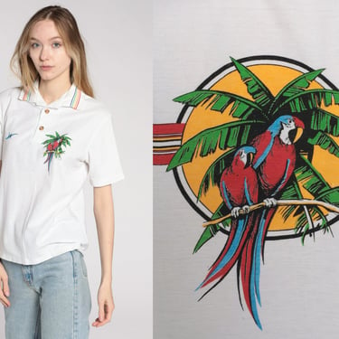 Parrot Polo Shirt 80s Tropical Button Up Shirt White RainbowPalm Tree Bird Print Vintage Surfer Vacation Short Sleeve Top Medium 