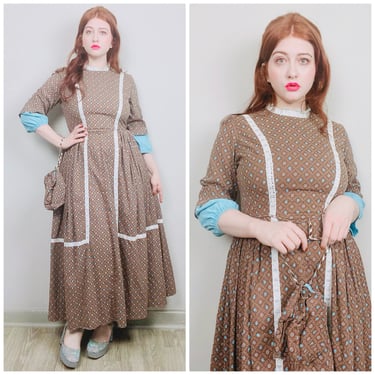 1970s Vintage Brown and Blue Apple Print Cotton Maxi Dress / 70s / Seventies Pioneer / Prairie Novelty Print Gown With Purse / XL 