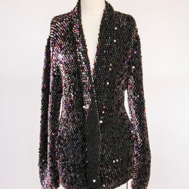 1970s Cardigan Sequin Chunk Wool Knit Sweater M 