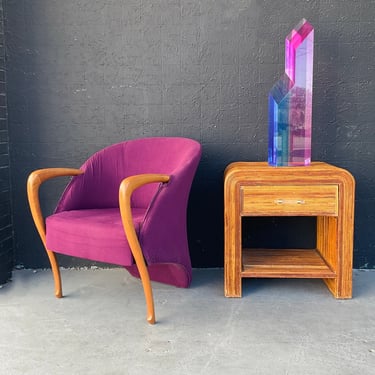 Wooden Sculpted Arm Side Chair in Purple Fabric