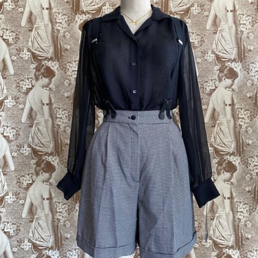 Vintage 1980s pleated shorts with suspenders, smart parts, 27 small, black and white houndstooth, high waist, school girl 