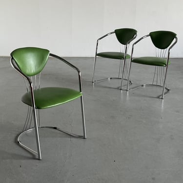 1 of 3 Vintage Chromed Steel and Patterned Green Faux Leather Dining Chairs by Effezeta, Italy 1990s 