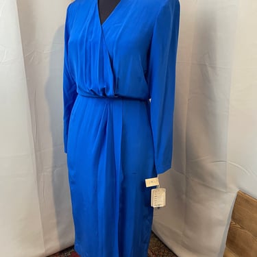 Silk Wrap Dress Cobalt Blue 1980s Vintage Deadstock L 