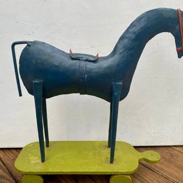 Vintage Folk Art Horse Pull Toy, Large, Outsider Art, Handmade Metal Horse On Wooden Pull Base, Stylized, Race Horse, Horse Lovers 