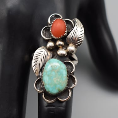 70's sterling turquoise coral size 8.5 boho statement, long oxidized 925 silver Southwestern floral ring 