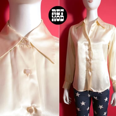 Gorgeous Vintage 60s 70s Off-White Satin Long Sleeve Collared Blouse 