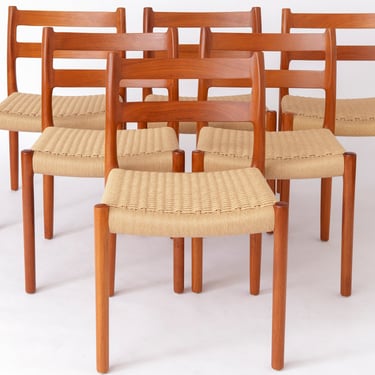 6 Niels Moller Mid century teak dining chairs with papercord seats by Niels O. Møller for J.L. Moller, Model 84, Set of 4, Denmark, 1970s 