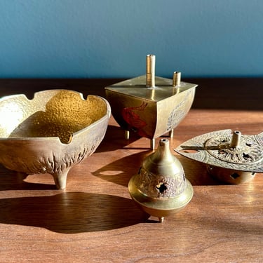 Collection of vintage incense burners / brass boho decor boxes and bowl for solid incense / Sarna of India and Nordia Israel 