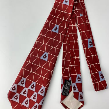 1950's Silk Tie - Mid-Century Geometric Patterns - with Maroon, Blue & Cream Colors 