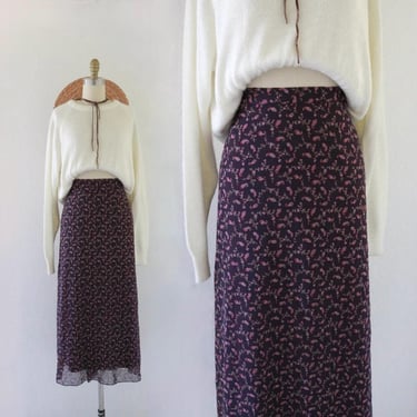 chiffon floral maxi skirt - 1x - vintage 90s y2k womens floral long sheer elastic waist cute cottage cottagecore skirt plum purple 