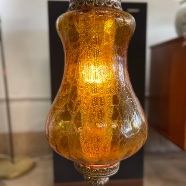 Vintage Brass & Amber Crackle Glass Pendant Swag Lamp