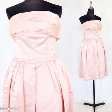 1950s Pale Pink Silk Satin Cocktail Dress | 50s Pink Satin Evening Dress | Pink Strapless Gown | Muntain’s | XS 