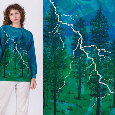 90s All-Over Print Lightning Bolt Sweatshirt - Men's XL | Vintage Blue Green Tie Dye Forest Nature Graphic Crew Neck Pullover 