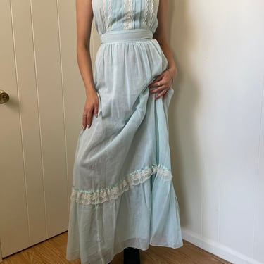 1970s Candie Jones Baby Blue Indian Cotton Tank Dress with Lace size Small TALL 