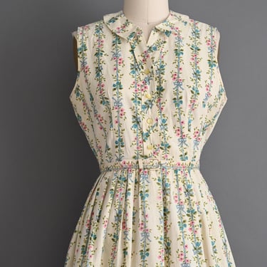 Vintage 1950s Dress | Sears Floral Bow Print Cotton Summer Day Dress | Large 