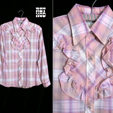 Sweet Vintage 70s Ruffle Pastel Purple Pink Plaid Collared Long Sleeve Button Down Blouse by Wrangler 
