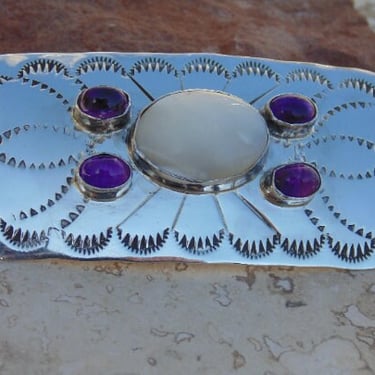 Spencer - Navajo Sterling Silver Rectangular Slightly Domed Pin / Brooch with Mother of Pearl and Amethyst Cabs and Stamp Work 