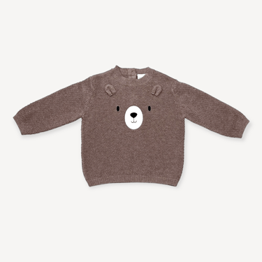 Bear Embroidered Knit Pullover Sweater in Cafe Latte (Organic)