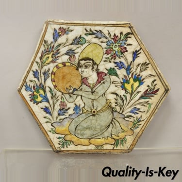 Antique Persian Iznik Qajar Style Hexagonal 10x12 Ceramic Pottery Tile Woman C5
