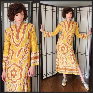 60s Caftan Dress in Yellow Brown Psychedelic Print 