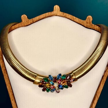 Vintage Snake Chain Choker Multicolor Crystal Slide Pendant Retro Jewelry Vtg 