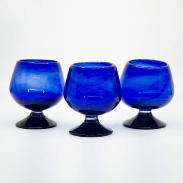 1980's Sea Glass Cobalt Blue Hand-Blown Goblet Glasses Set of 3 