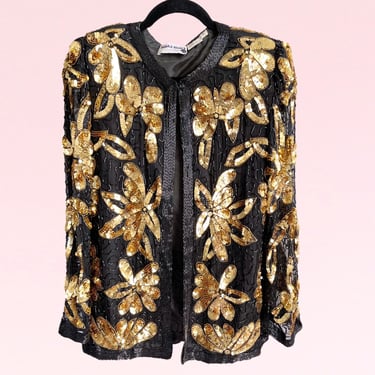 Vintage Sequin Gold Jacket, Beaded Silk Evening Blazer Medium 