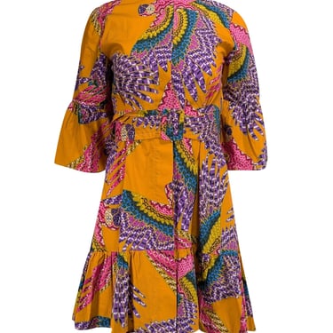 Farm - Orange w/ Multicolor Macaw Print Poplin Belted Mini Dress Sz XS