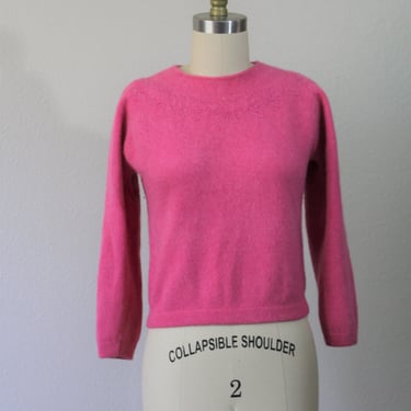 Vintage 50's Bubblegum Pink Cardigan crop Sweater DARLENE Minklam Lambswool Angora Rabbit Mink Fur pin up // US 0 2 4 