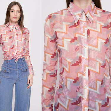 70s Zig Zag Tulip Novelty Print Blouse - XS to Small | Vintage Sheer Pink Boho Button Up Dagger Collar Top 