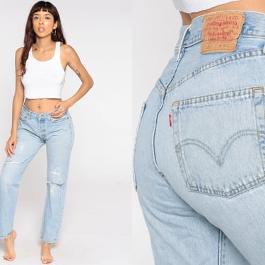 Levis 501 Jeans -- 90s Ripped Straight Leg Button Fly Mom Jeans Denim Pants Mid Rise Waist Levi 1990s Boyfriend Vintage Medium 31 