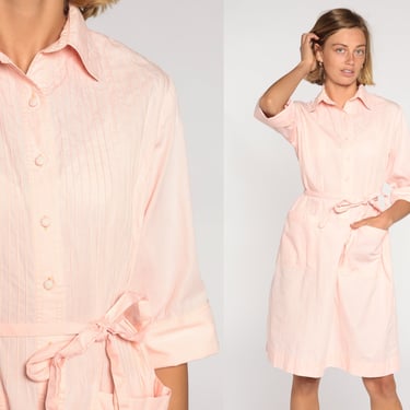 Pink Day Dress 80s Shirtwaist Mini Dress Retro Boho Button Up Secretary High Waist Short Sleeve Collar Preppy Vintage 1980s Cotton Medium 10 