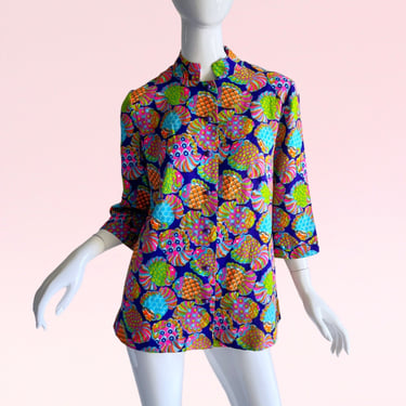 1960s Vintage Novelty Print Rainbow Fish Blouse / Psychedelic Neon Nehru Top Large 