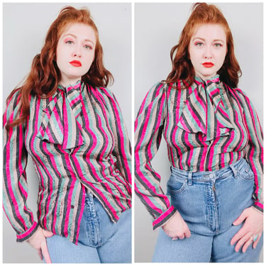 1980s Vintage Silk Feel Striped Blouse / 80s / Eighties Bow Tie Pussybow Carnival Shirt / Size Medium - Large 