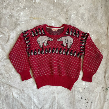 Size M Vintage 1940s Jantzen Polar Bears and Penguins Knit Pullover Sweater 2191 