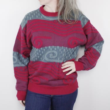 Vintage 90's acrylic sweater, muted teal , magenta / red, swirls and squares, comfy - L 