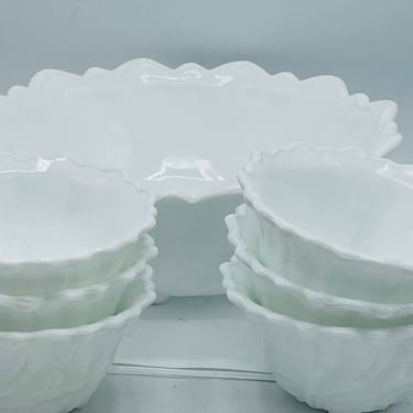 Vintage Indiana Milk Glass Wild Rose Berry Bowl Set 1 Large and 6 Small- Chip Free NICE 