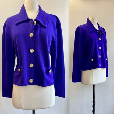 Vintage 80s Cardigan Sweater Jacket / Gold ROSETTE Buttons / Collared + Pockets / Vibrant 
