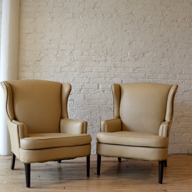 Vintage Pair Elegant Wingback Leather Chairs