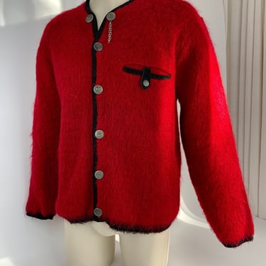 1950's-60's Super Furry Mohair Cardigan - ALPS Sportswear - SHAG A MO - Vivid Red Mohair with Black Trim - Men's Size Large 