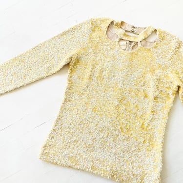 1960s Iridescent Yellow Sequin Sweater Top with Cut-Out Neckline 