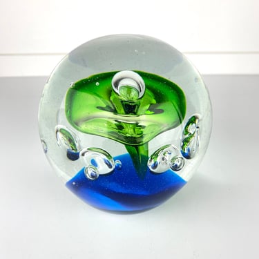 Vintage MCM Large Studio Art Glass Paperweight Controlled Bubbles Blue Green 4.5