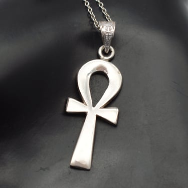 80's Cairo 800 silver ankh hieroglyphic bale pendant, Egyptian cross 925 silver rolo chain necklace 