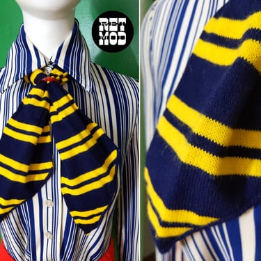 Unique Vintage 60s 70s Navy Blue & Yellow Stripe Soft Acrylic Neck Tie Scarf 