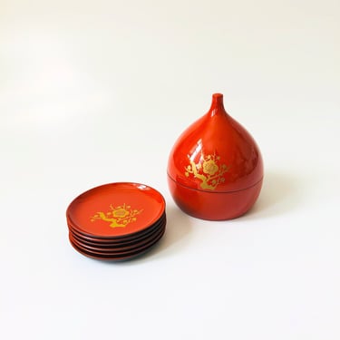 Vintage Red Lacquerware Coaster Set 