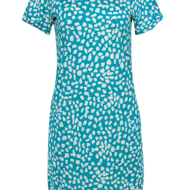 Diane von Furstenberg - Teal & White Speckled Short Sleeve Silk Shift Dress Sz 8