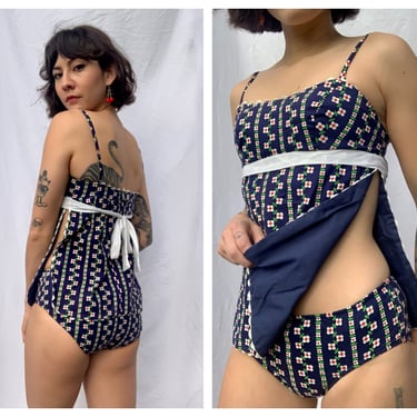 1960's Tankini Bikini / Tank Top and Low Rise Bikini Bottoms Set / Navy Floral Bathing Suit / Resort Wear / Vintage Swimsuit / Pool Party 